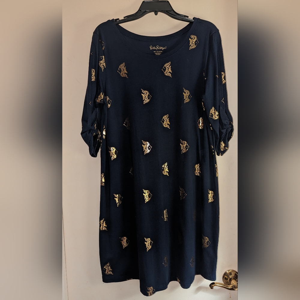 Lilly Pulitzer navy dress with gold foil fish.